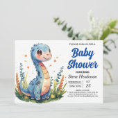 Chic Whimsical Blue Dinosaur Baby Dusche Einladung (Stehend Vorderseite)