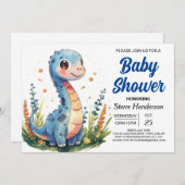 Chic Whimsical Blue Dinosaur Baby Dusche Einladung (Vorne/Hinten)
