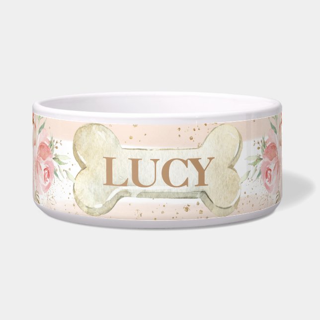 Chic Whimsical Blush Pink Floral Rose Hund Haustie Napf (Vorderseite)