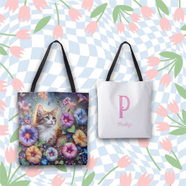 Chic Whimsical Cat Flower Garden Monogram Tasche
