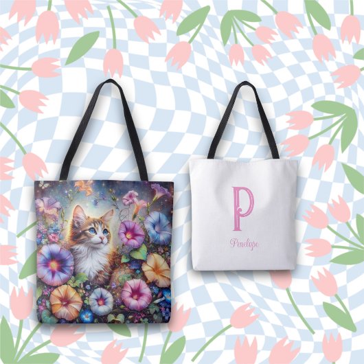 Chic Whimsical Cat Flower Garden Monogram Tasche