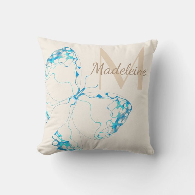 Chic Whimsical Elegant Blue Butterfly Monogram Kissen (Vorderseite)