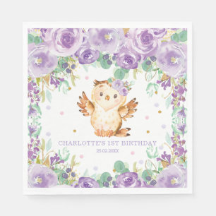 Chic Whimsical Lila Floral Owl 1. Geburtstag Serviette