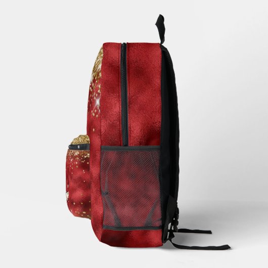 Chic Whimsical Red Black Glitzer Monogram Bedruckter Rucksack (Rechts)