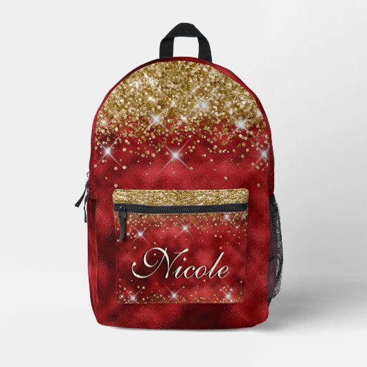 Chic Whimsical Red Black Glitzer Monogram Bedruckter Rucksack (Vorderseite)