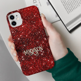 Chic whimsical red black Glitzer monogram Case-Mate iPhone 14 Hülle