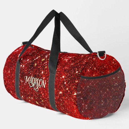Chic whimsical red black Glitzer monogram Duffle Bag (Rechte Ecke)