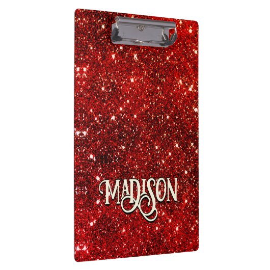 Chic whimsical red black Glitzer monogram Klemmbrett (Rechts)