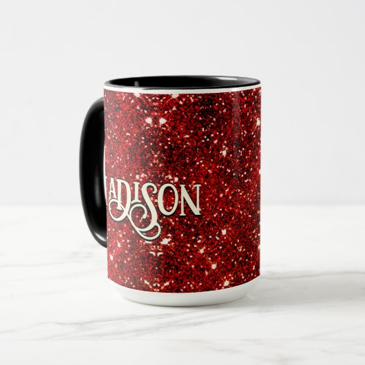 Chic whimsical red black Glitzer monogram Tasse (Vorderseite Links)
