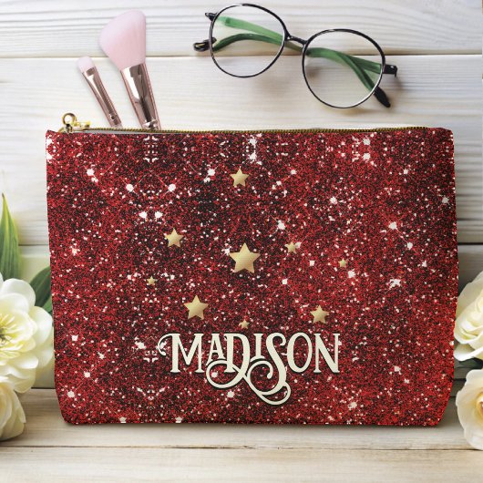 Chic whimsical red black Glitzer monogram Zubehörtasche