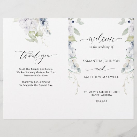 Chic White and Blue Floral Folded Wedding Programm (Vorderseite)