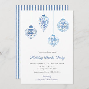 Chic White and Blue Holiday Ornaments Drinks Party Einladung