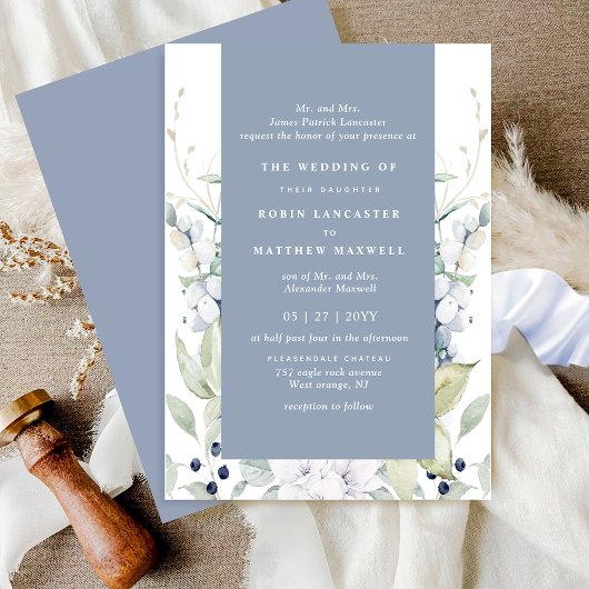 Chic White and Dusty Blue Floral Wedding Einladung