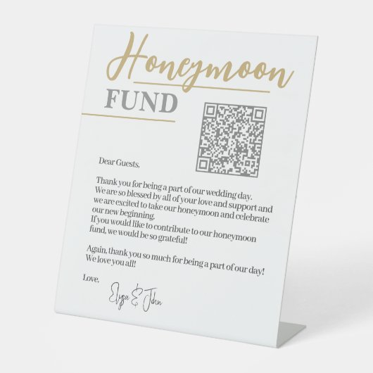 Chic White and Gold Elegante QR Code Honeymoon Fun Sockelschild (Vorderseite)