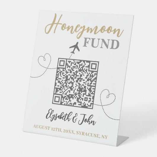 Chic White and Gold Elegante QR Code Honeymoon Fun Sockelschild (Vorderseite)