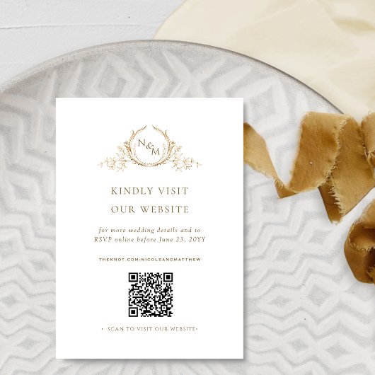 Chic White and Gold Monogram QR Code / RSVP Online Begleitkarte