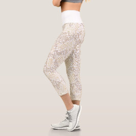 Chic White and Gold Strings Dots Confetti Sport Capri Leggings