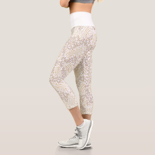 Chic White and Gold Strings Dots Confetti Sport Capri Leggings
