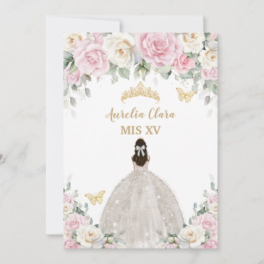 Chic White Baby Pink Roses Floral Girl Quinceañera Einladung (Rückseite)