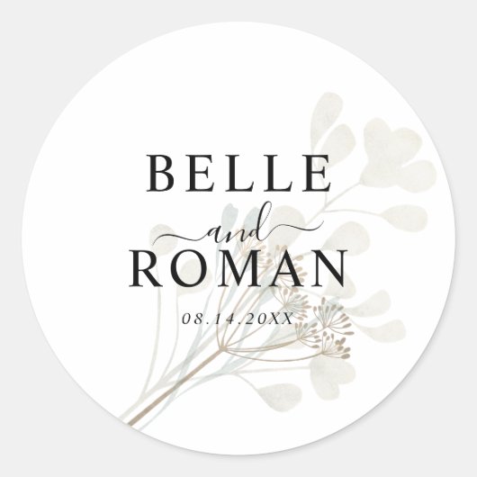 Chic White & Beige Botancial Wedding Runder Aufkleber (Vorderseite)