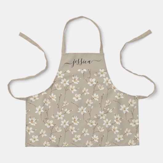Chic white beige floral script name Schürze (Vorderseite)