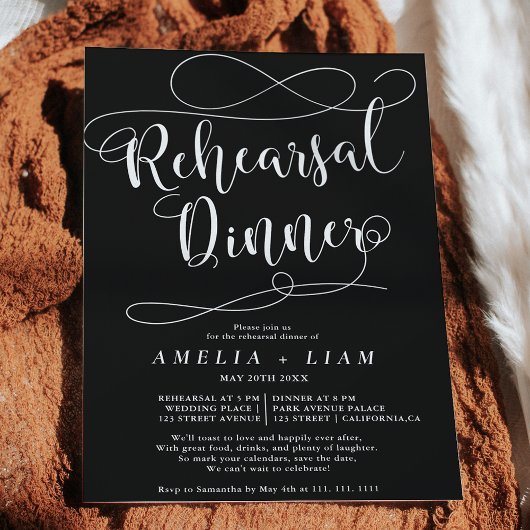 Chic white black calligraphy Probe dinner Einladung