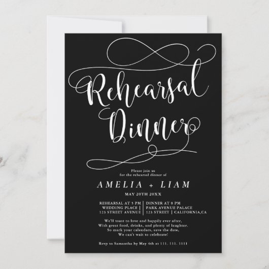 Chic white black calligraphy Probe dinner Einladung (Vorderseite)