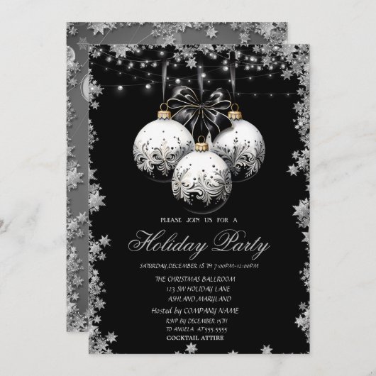 Chic White Black Christmas Balls Stars Holiday Einladung (Vorne/Hinten)
