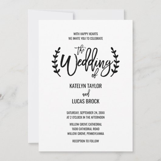 Chic White Black Olive Branches Wedding Einladung (Vorderseite)