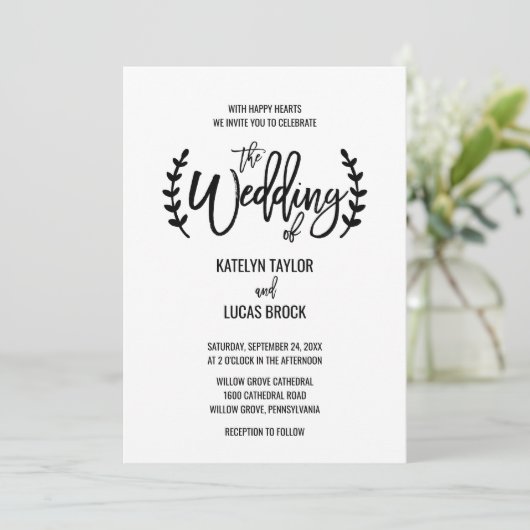 Chic White Black Olive Branches Wedding Einladung (Stehend Vorderseite)