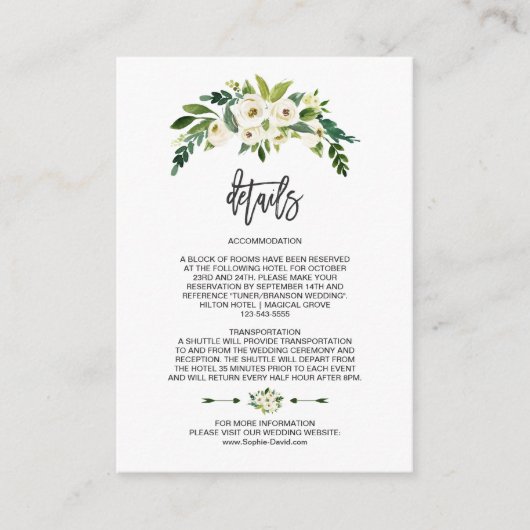 Chic White Blooming Floral Handwriting Details Begleitkarte (Vorderseite)