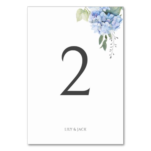 Chic White & Blue Hydrangea Wedding Tischnummer (Vorderseite)