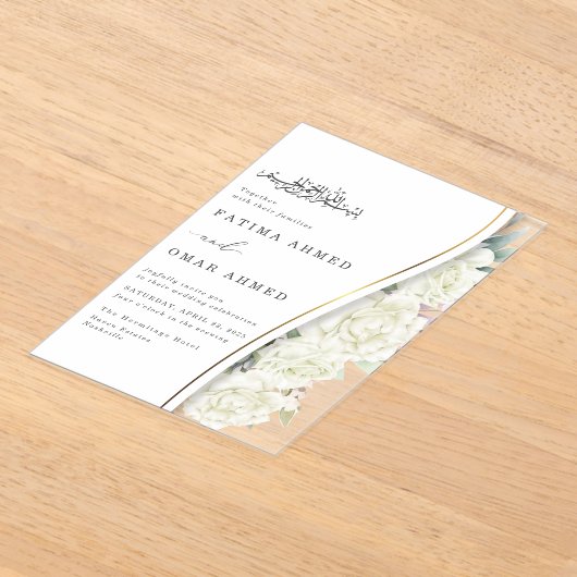 Chic White Blume Foliage Islamische Hochzeit Acryleinladungen (Ablage )