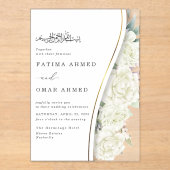 Chic White Blume Foliage Islamische Hochzeit Acryleinladungen (Vorderseite)