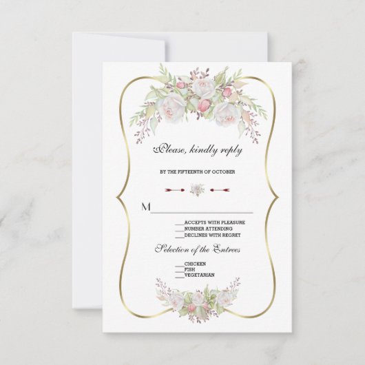 Chic White Blume Gold Frame Wedding RSVP Karte (Vorderseite)