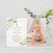 Chic White Blume Gold Girl Foto Taufe Einladung (Stehend Vorderseite)