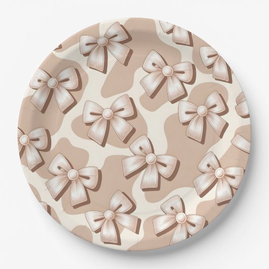 Chic White Bow & Beige Kuh Print Halloween - Pappteller (Vorderseite)