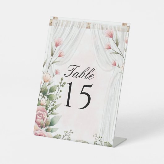 Chic White Canopy Pink Floral Wedding Tischnummer Sockelschild (Vorderseite)