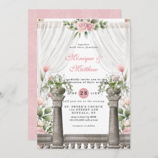Chic White Canopy Pink Florals Wedding Einladung (Vorne/Hinten)
