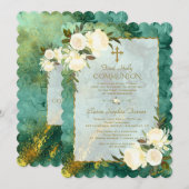 Chic White Cream Blume Gold Erste Heilige Kommune Einladung (Vorne/Hinten)