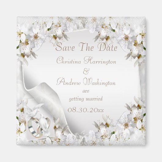 Chic White Dove Paisley Lace Save the Date Magnet (Vorne)