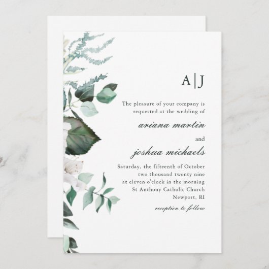 Chic White Floral and Greenery Monogram Wedding Einladung (Vorne/Hinten)
