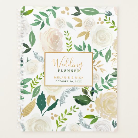 Chic White Floral Gold Hochzeitsplaner Notebook Planer (Vorderseite)