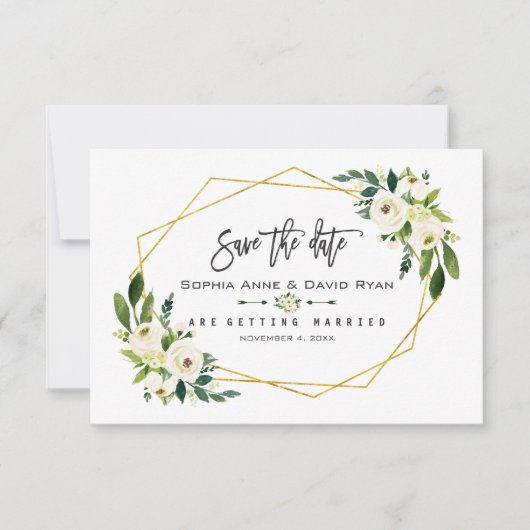 Chic White Floral Gold Rahmen Foto Save the Date (Vorderseite)
