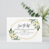 Chic White Floral Gold Rahmen Foto Save the Date (Stehend Vorderseite)