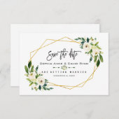 Chic White Floral Gold Rahmen Foto Save the Date (Vorne/Hinten)