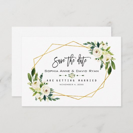 Chic White Floral Gold Rahmen Foto Save the Date (Vorne/Hinten)