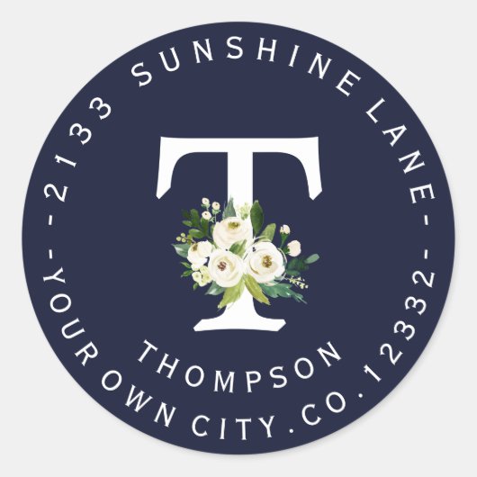 Chic White Floral Navy Blue Circle Address Label Runder Aufkleber (Vorderseite)