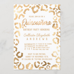Chic White Gold Cheetah Leopard Quinceañera Einladung
