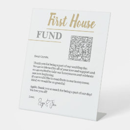 Chic White & Gold Eleganter QR Code First House Fu Sockelschild